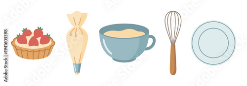 Set of baking and pastry items illustration with a strawberry tart, cream piping bag, bowl of batter, wire whisk, and plate in a simple flat cartoon style for culinary concepts