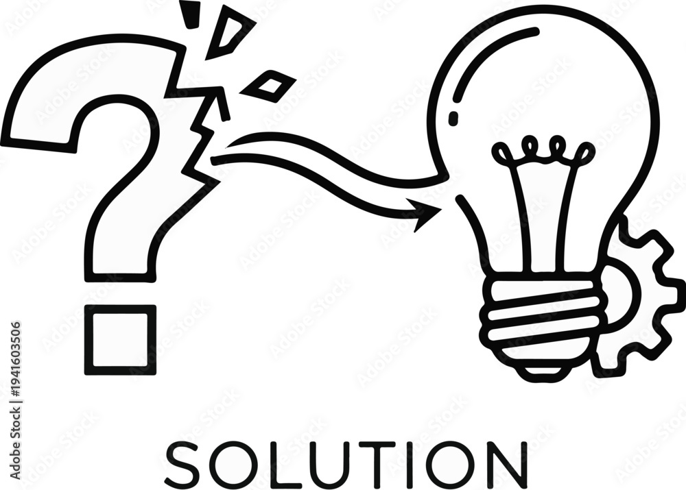 Fototapeta premium A broken question mark transforms into a lit lightbulb with a gear beside it