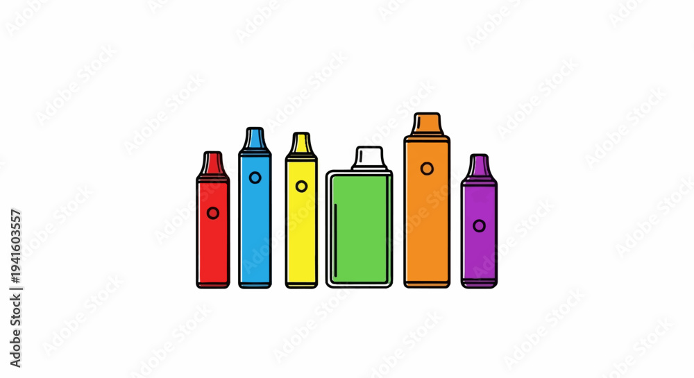 Obraz premium A collection of colorful, stylized vape pens lined up against a white background
