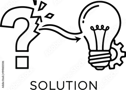 A broken question mark transforms into a lit lightbulb with a gear beside it