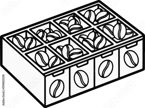 A collection of coffee beans displayed in a segmented container