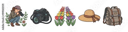 Charming cartoon illustration showcases a female photographer, a professional camera, vibrant tulips, a straw hat, and a sturdy backpack, representing outdoor adventure and nature