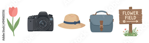 Charming illustrated set of spring travel items featuring a camera, sun hat, bag, flower, and a wooden sign pointing to a field, perfect for hobby and vacation concepts
