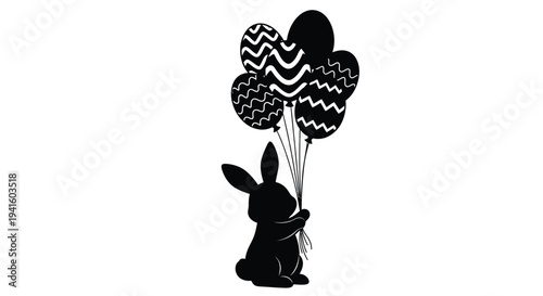 Silhouette of happy easter bunny holding bunch of balloons in vector graphic illustration design