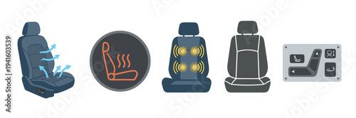 Car seat function icons set illustrating ventilation, heating, massage, and power adjustment features for modern automotive interiors in a flat vector illustration style