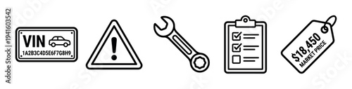 Black and white vehicle inspection icon set showing a VIN number, warning symbol, repair tool, checklist, and market price tag for automotive service and sales concepts