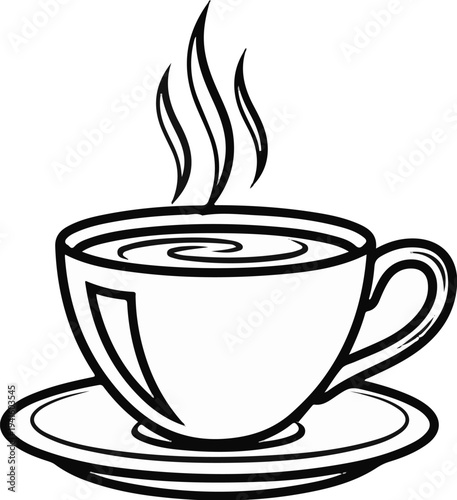 A simple line art illustration of a steaming cup of coffee on a saucer