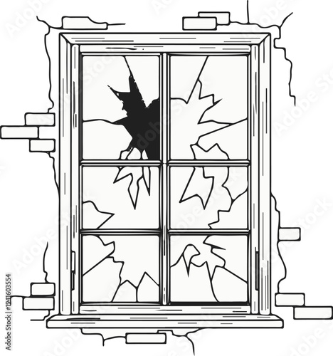 A broken window pane in a dilapidated brick wall