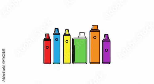 A collection of colorful, stylized vape pens lined up against a white background