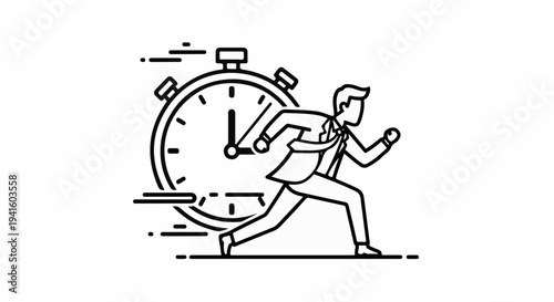A businessman runs against a stylized stopwatch, indicating urgency