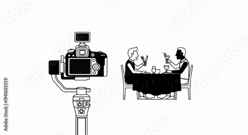 A camera on a gimbal films two men dining at a restaurant, a cinematic scene