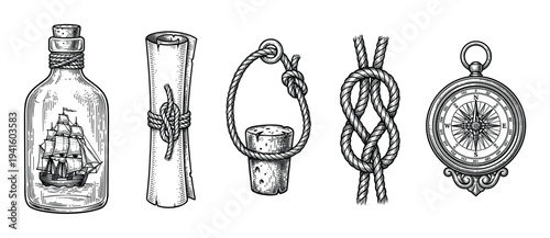 Collection of five vintage engraved nautical elements features a ship in a bottle, a tied scroll, two rope knots, and a detailed compass, all rendered in a classic black and white illustration style