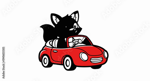 A cartoon black fox drives a red convertible car with the top down