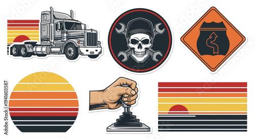 A collection of trucking-themed stickers featuring a semi-truck, mechanic skull emblem, road sign, gear shifter, and retro sunset designs.
