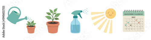 Gardening and plant care icon set with a watering can, potted plants, spray bottle, sun, and a May calendar showing a schedule for horticulture tasks in a cute flat illustration style