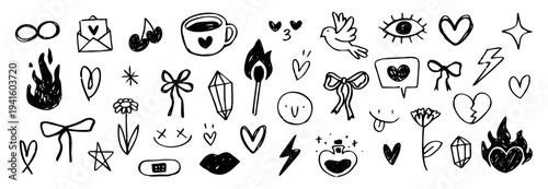 Hand drawn heart and love valentine aesthetic illustration set with doodle sticker and vector icon