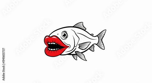 A cartoon fish with vibrant red lips and a wide open mouth with teeth