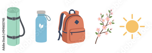 Set of travel and hiking essentials illustrated in a flat vector style, featuring a rolled mat, reusable water bottle, backpack, blooming spring branch, and a sun icon