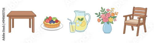Collection of illustrated garden party items showing a wooden table, fresh fruit tart, lemonade pitcher, flower vase, and outdoor chair for a summer picnic or gathering