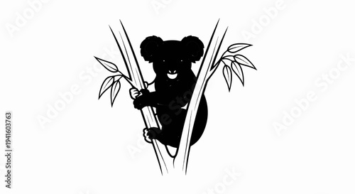 A cheerful black silhouette of a koala climbing eucalyptus branches