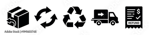 Set of black solid glyph icons representing e-commerce services like product return, exchange, recycling, delivery truck, and money refund receipt for online shopping