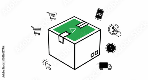 A central package is surrounded by icons representing online shopping and delivery