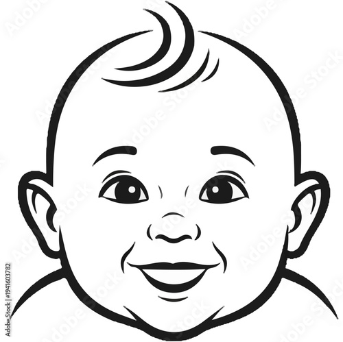 A cheerful baby's face, drawn in bold black lines, with wide eyes and a happy smile