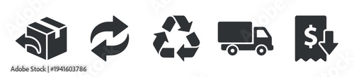 Set of five black e-commerce icons representing product returns, exchange arrows, recycling, a delivery truck, and a money refund receipt for online shopping and logistics concepts