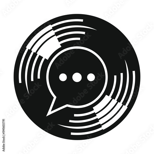 Black and white chat icon with speech bubble and circular lines icon