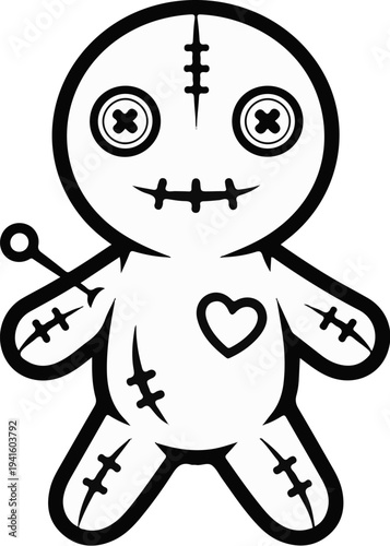 A cartoon voodoo doll with button eyes, stitched mouth and heart, and a pin