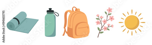 Illustrated set of outdoor activity essentials with a yoga mat, water bottle, backpack, cherry blossom branch, and sun, perfect for spring or summer wellness and travel themes
