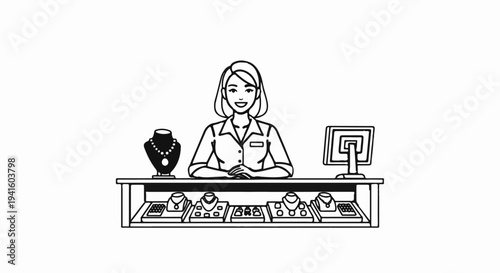 A cheerful clerk stands behind a jewelry counter displaying necklaces, rings, and earrings