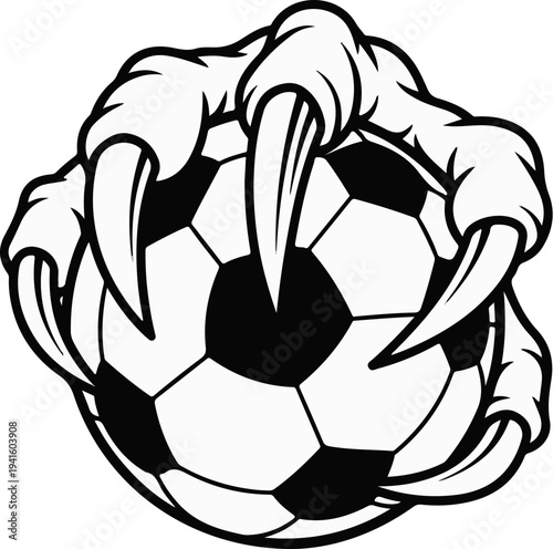 A claw grips a soccer ball with sharp talons and a fierce design