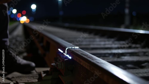 Worker using angle grinder cutting metal rail with bright sparks at night construction site, industrial maintenance scene related to engineering, railway infrastructure repair and heavy industry