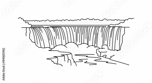 A simple line drawing depicts a wide waterfall cascading into a rocky pool with mist