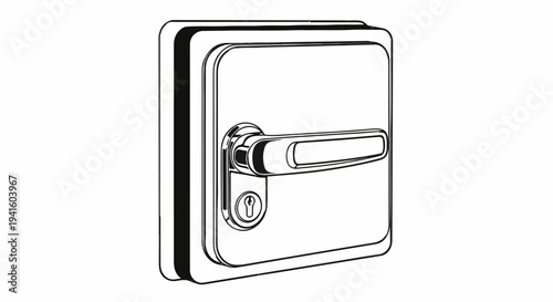 A close-up black and white illustration of a modern door handle with a keyhole