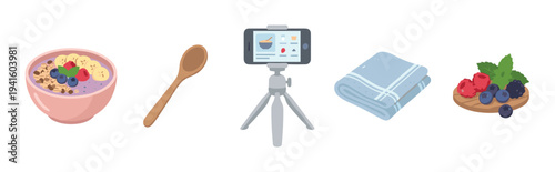Food blogger icon set with smoothie bowl, smartphone on tripod, and fresh berries for creating healthy eating content, a flat vector illustration collection of vlogging elements