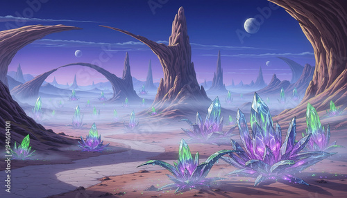 Alien desert landscape with glowing crystalline flora and twin moons