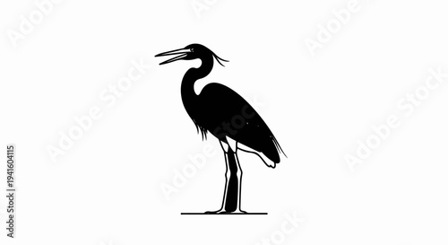 A black silhouette of a standing bird with an open beak and a crest