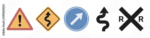 Collection of various road traffic signs including warning, mandatory direction, winding road, and railway crossing symbols presented in a clean, flat vector illustration style