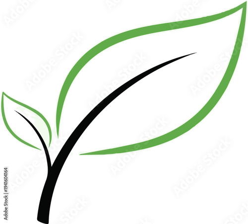 A simple, abstract design of two green leaves on a black stem