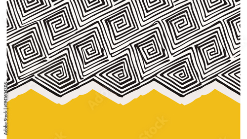 Geometric pattern background vector, abstract black and white maze design with yellow accent