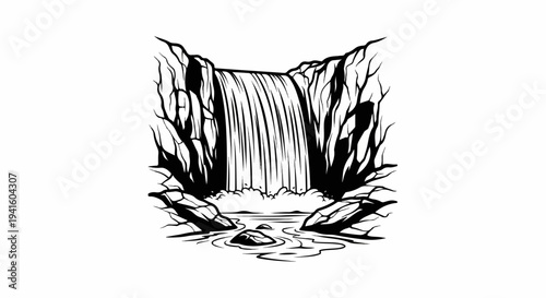 A black and white illustration of a cascading waterfall surrounded by rocky cliffs and trees