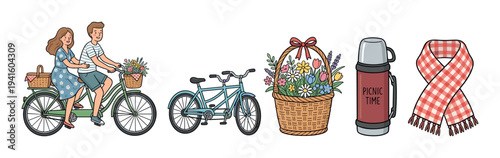 Charming hand-drawn illustration set of picnic items, featuring a romantic couple on a tandem bicycle, a wicker basket with flowers, a thermos, and a checkered scarf