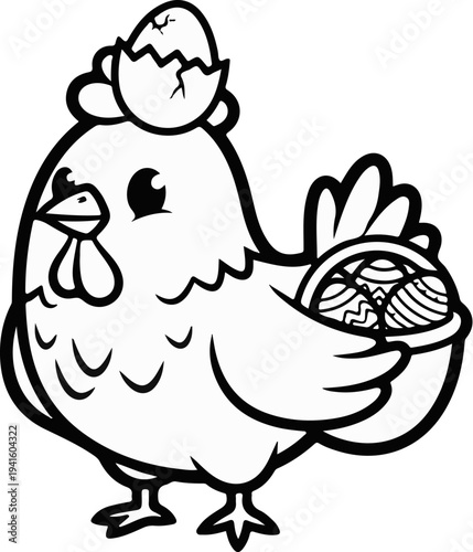 A black and white illustration of a cartoon hen wearing a cracked eggshell on its head and carrying a basket of eggs