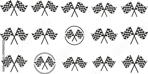Checkered Racing Flag Icon Set with Crossed Motorsport Finish Line Symbols for Speed Competition, Auto Racing Events, and Sports Interface Design