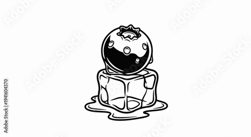 A black and white illustration of a blueberry melting on ice