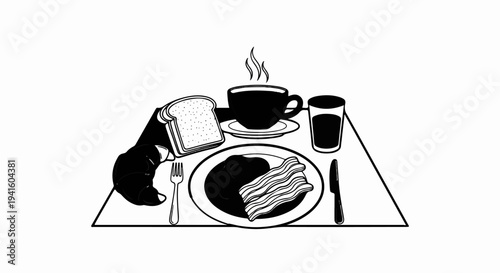 A black and white illustration of a breakfast tray with coffee, juice, toast, eggs, bacon, and pastry