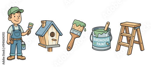 Cartoon set of birdhouse building items including a handyman, wooden birdhouse, paintbrush, green paint can, and stepladder for a fun DIY home improvement project