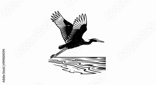 A black and white illustration of a bird in flight over water